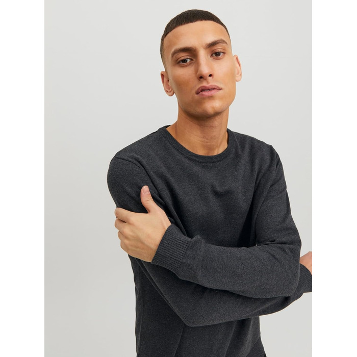 Чоловічий трикотажний джемпер Jack & Jones JJ Basic Knit Crew Neck Noos, темно-сірий меланж, розмір L