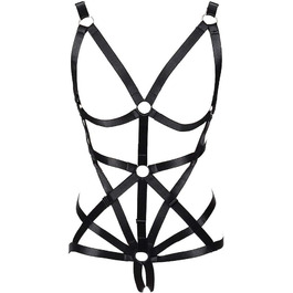 Комплект жіночий: бюстгальтер, пояс на тіло, стрінги. Чорний, готичний стиль, для танців та Хелловіну