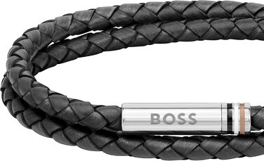 Чоловічий шкіряний браслет BOSS із колекції ARES, плеotene шкіряне плетіння, чорний колір, розмір M