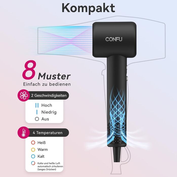 Високошвидкісний фен для волосся CONFU 1500W з дифузором, 110 000 об/хв, іонізацією та низьким рівнем шуму (70дБ), чорний