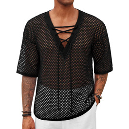 Чоловіча літня сорочка Runcati, шнурівка, V-подібний виріз, напіврукав, в'язана, мереживна, прозора, чорна, розмір L