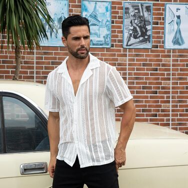 Чоловіча прозора сорочка-сітка Abehik Kurzarm Rave Shirt для вечірок та клубу, сексуальний набір для Swingercub (білий, XXL)