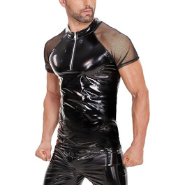 Чоловіча сексуальна футболка з екошкіри, батал, S-5XL, блискуча ПВХ шкіра, прозора сітка, блискучий латексний короткий піджак для чоловіків, чорний, 4XL