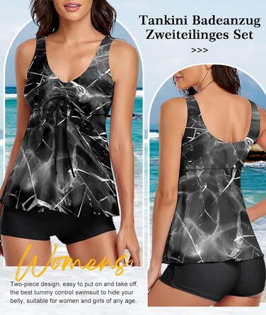 Танкіні жіночий купальник з високою талією, Push Up верхня частина з плавками, комплект двокомпонентний, літній принт, купальники для жінок, пляж, відпустка, дозвілля (Сірий море, M)