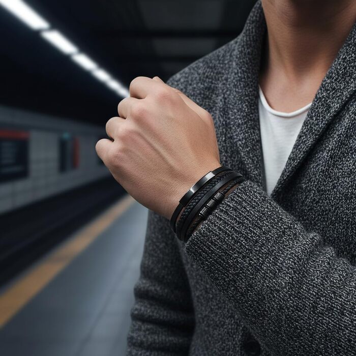 Шкіряний чоловічий браслет UNIQAL 'BLACK SHAPE' зі сталі та натуральної шкіри, 21 см, у подарунковій коробці, чорний