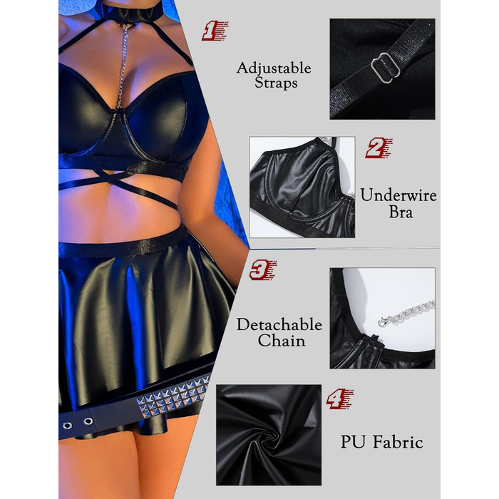 Костюм Adigau Dessous з екошкіри: бюстгальтер, трусики, мініспідниця. Чорний набір для клубів та вечірок з ланцюжком