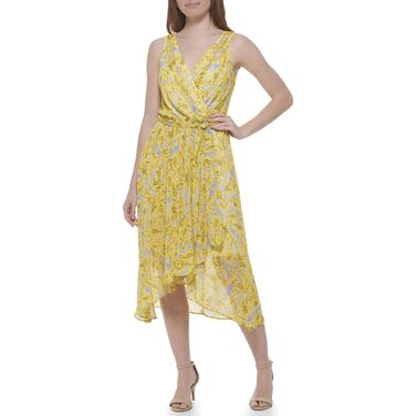 Сукня Tommy Hilfiger жіноча без рукавів міді з шифону з запахом (42, Mango Multi)