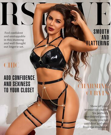 Комплект жіночої білизни RLOVE: бюстгальтер, труси та інше (6 предметів) - чорний (XXL, блискучий чорний)