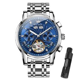 Чоловічий наручний годинник OLEVS Chronograph зі шкіряним ремінцем, японський кварцовий механізм, водонепроникний, класичний елегантний дизайн з датою (7088 Срібло/Синій)