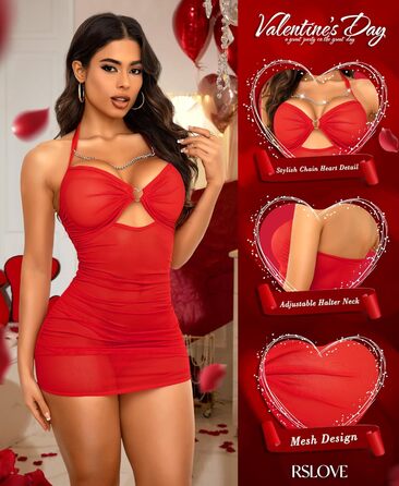 RLOVE Babydoll Ніжний комплект спідньої білизни для жінок - прозора сорочка для сну, червоний (L)