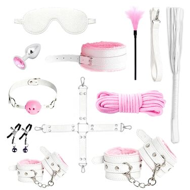 Набір для БДСМ зв'язування: пов'язка на очі, бандаж, наручники, анальний плаг, клямки для сосків, бавовняне трос, петарди, для пар (рожевий та білий)