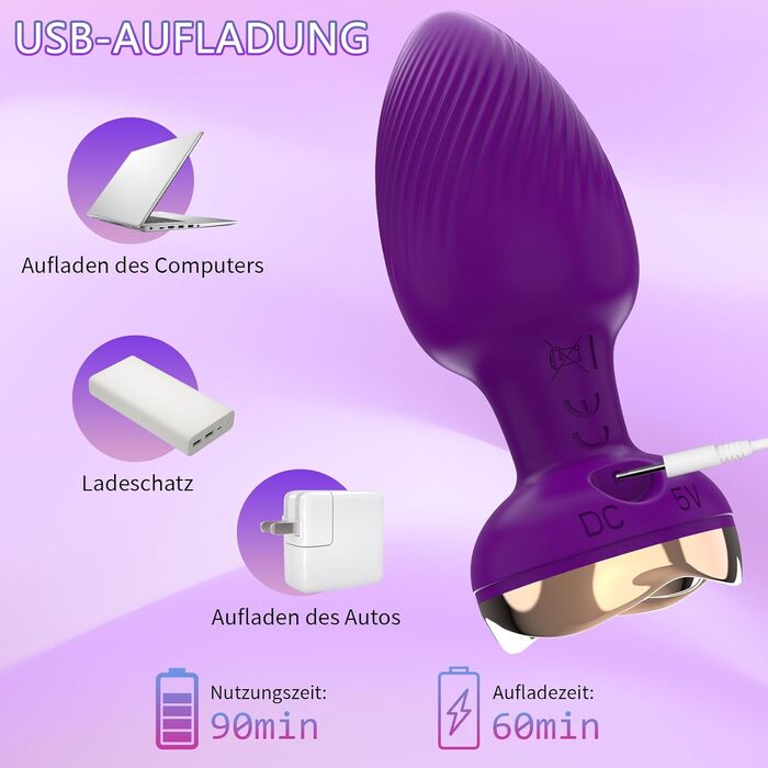 Анальні вібратори для жінок та чоловіків з пультом дистанційного керування, 10 режимів, для пар, фіолетовий