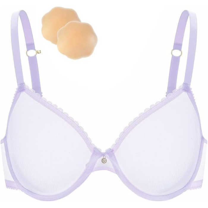 Жіночий бюстгальтер Wingslove з ефектом прозорості, без пуш-ап, мереживний, з силіконовими накладками на соски (80D, світло-фіолетовий)