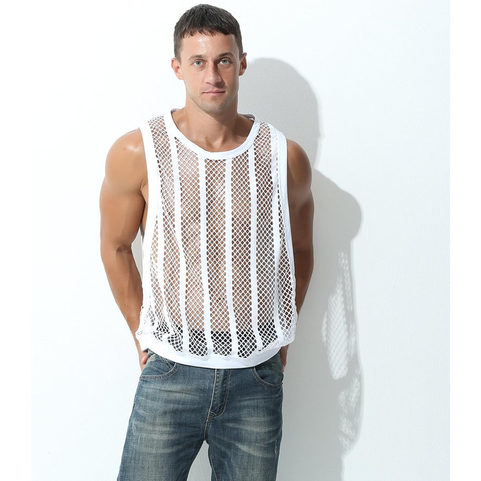 Чоловіча майка Evankin з мереживом у смужку, прозора, без рукавів, майка-топ, прозора, білий/Opulenter Garten (L)