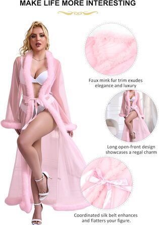 Жіночий халат з пір'ям Ohyeahlady: сексуальний кімоно, довгий, прозорий, мереживний, великі розміри 3XL-4XL, рожевий
