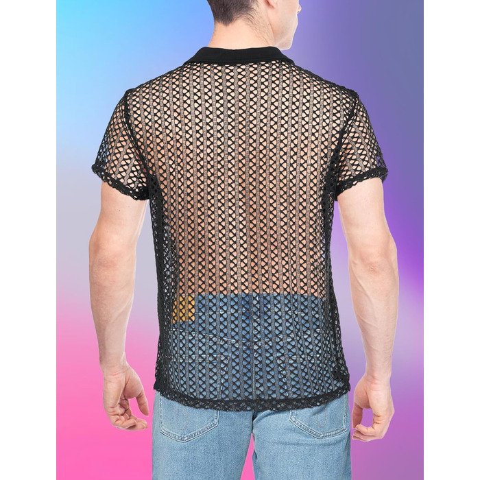 Чоловіча прозора сорочка-сітка, сексуальна білизна, мережевий топ, футболка з відкритим торсом, облягаючий крій, для клубу, вечірки, рейву, чорний, S-3XL
