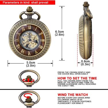 Скелетон кишеньковий механічний годинник Tiong Vintage Steampunk з ланцюжком, римські цифри, бронзовий колір (у подарунковій коробці)