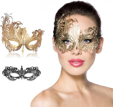 Маска для обличчя MYMENU для пар, жінок, металева, з стразами, венеціанська, для вечірок, весілля, балу (Золотий Фенікс + Чорне мереживо)