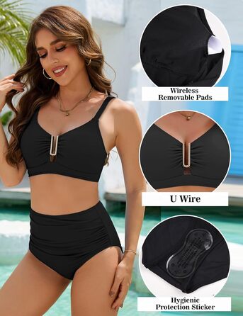 Бікіні жіночий комплект з пуш-ап, висока талія, слікучий ефект, двочастинний, сексуальний металевий U-подібний виріз з зав'язками, купальник, літня мода для жінок, чорний, розмір M