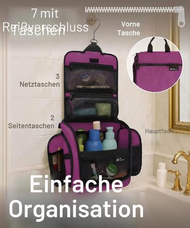 Дорожній органайзер для косметики та засобів гігієни D&D — підвісна косметичка з металевим гачком для жінок та чоловіків, фіолетова