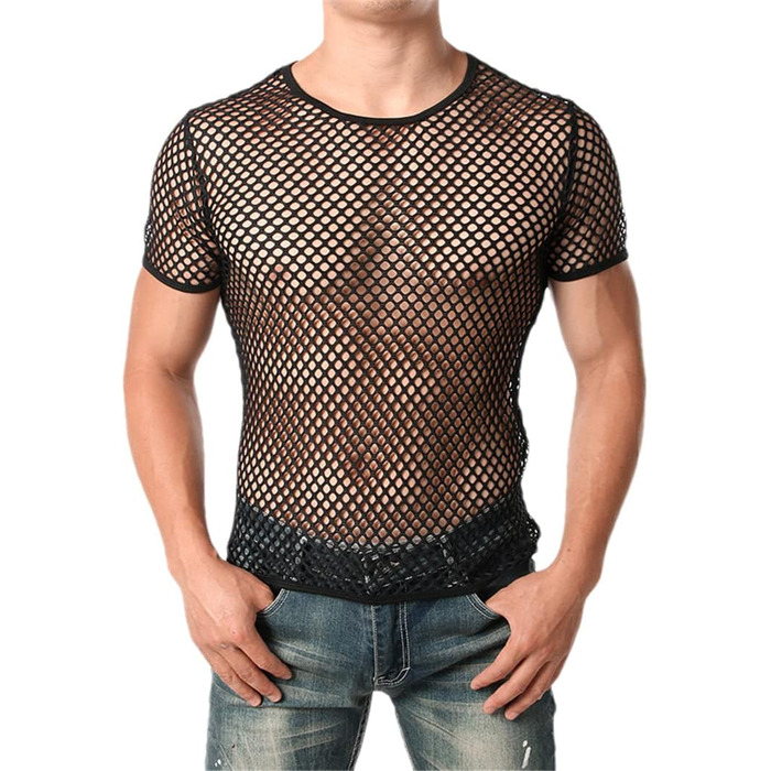 Чоловіча футболка Bollrllr, мереживна, прозора, для нічного клубу та вечірок (XL, чорна)