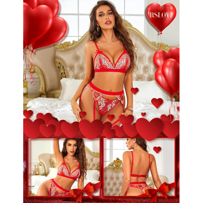 RSLOVE Комплект нижньої білизни Daen Dessous: мереживний тіло, стрінги та топ - чорний, червоний, білий (L, Red Remix White)