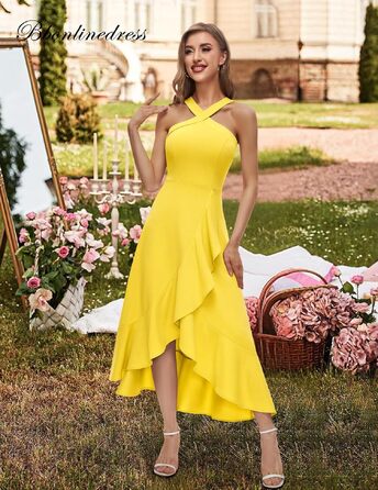 Вечірня сукня Bbonlinedress maxi з відкритою спиною та вирізом halter для жінок, елегантна коктейльна сукня для весілля та свят, жовта, розмір M