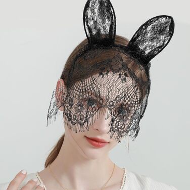 Голосний обруч з вушками кролика та мереживною маскою для жінок