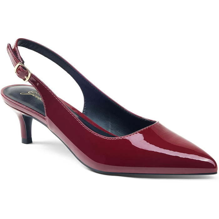 Жіночі елегантні туфлі-човники GENSHUO на низьких підборах (Kitten Heels) з відкритим задником, лакована шкіра, колір винно-червоний, розмір 42 EU