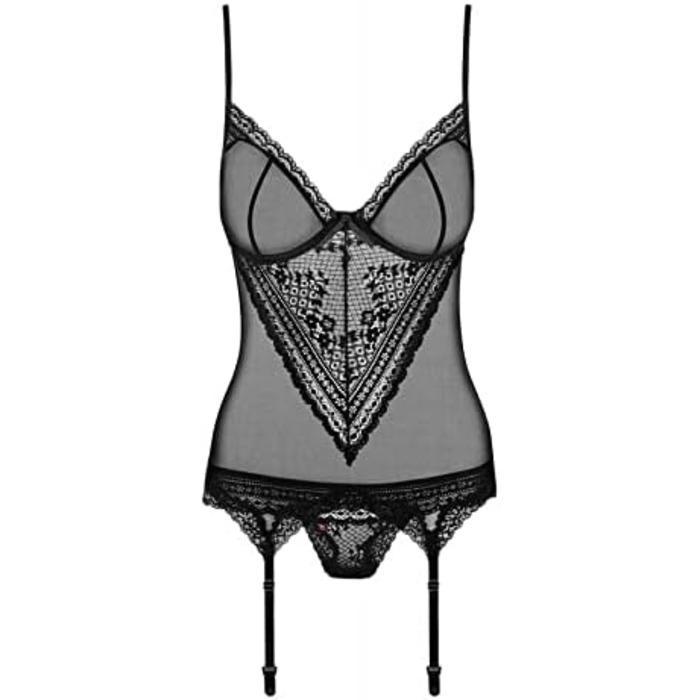 Сексуальний комплект спідньої білизни Obsessive: мереживний корсет та стрінг, подарункова коробка (S-M, чорний)