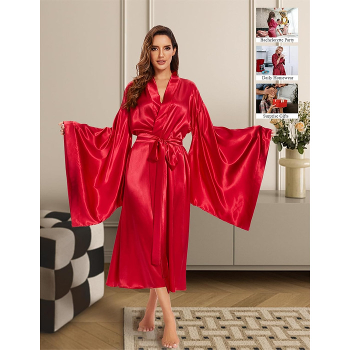 Кимоно жіноче шовкове для вечірки, весілля, нічної сорочки, халат з атласу, великі розміри (червоний, M)
