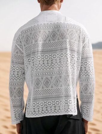 Panegy Комплект чоловічий: мереживчата шорти та сорочка з прозорої сітки, на ґудзиках, білий (S)