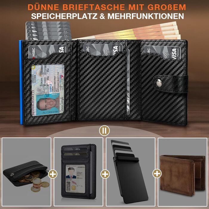 Чоловічий шкіряний гаманець TENBST з RFID-захистом, монетницею та відділенням для 8-10 карток, Slim Wallet (Чорний та Помаранчевий/Синій)