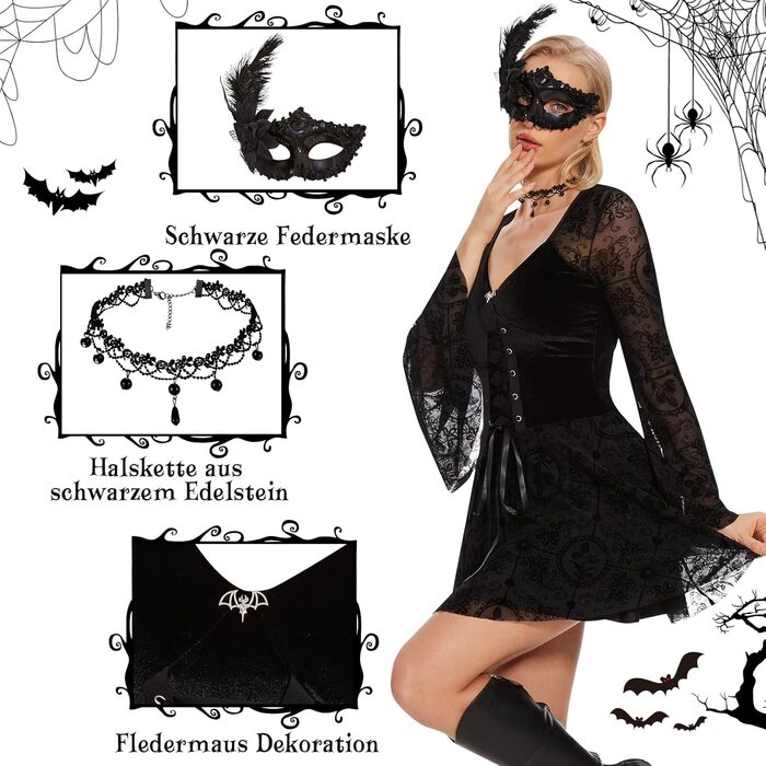 Сукня готична для жінок Herenear, мереживна чорна сукня - з масками та намистом, костюм на Хелловін/Карнавал, ретро середньовічна сукня вампіра, костюм для косплею, коротка чорна сукня XL