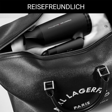 Компактний дорожній фен Rowenta x Karl Lagerfeld CV184L Express Style, чорний — складаний, ультралегкий, з функцією Glanz-Booster та Dual-Volt
