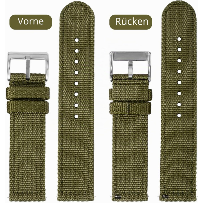 Нейлоновий ремінець для годинника TStrap 22мм в стилі NATO, військовий ремінець з полотна з швидким роз'ємним замком, колір Зелений/Срібляна пряжка, унісекс