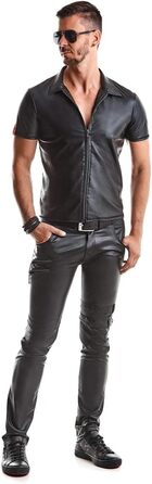 Чоловіча футболка поло з ефектом мокрого блиску, чорна, з коміром-стійкою та блискавкою, Slim-Fit, розмір S