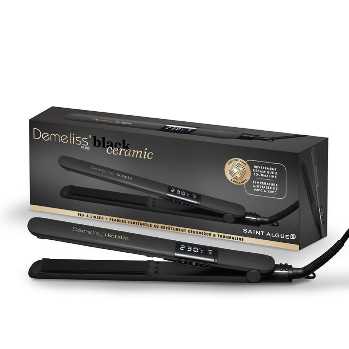 Професійний випрямляч для волосся 2-в-1 Demeliss Black Ceramic: кераміко-турмалінові пластини з кератином, регулювання температури 150-230°C, цифровий дисплей, ефект гладкості та локони