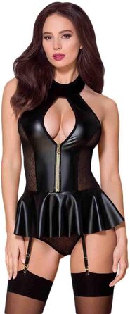 Сексуальний жіночий комплект білизни Selente Love & Fun: корсет, трусики та маска з атласу. Чорний, ефект латексу, Made in EU, L-XL