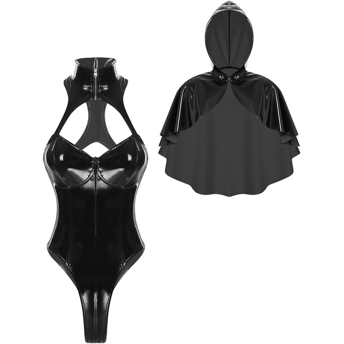 Латексний боді з капюшоном та лакованим шкіряним покриттям для жінок, готичний костюм, чорний, XL