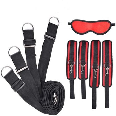 Набір для БДСМ з обмеженням: набір для пар, з кріпленнями для ліжка, наручниками, пов'язкою на очі. Червоний колір