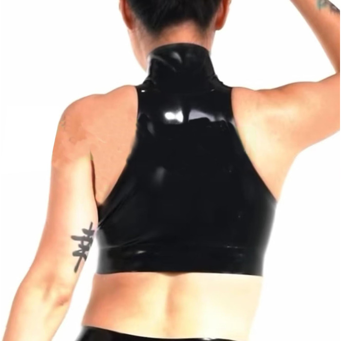 Чорна латексна футболка з високим коміром без рукавів, жіноча латексна сорочка на блискавці, підходить для косплей-костюмів