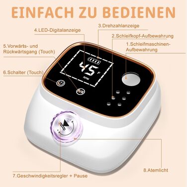 Професійний електричний апарат для манікюру та педикюру 45000 об/хв з LCD-дисплеєм та набором насадок для гель-нігтів та акрилу, білий
