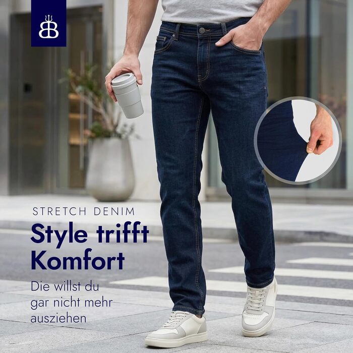 Чоловічі джинси BARBONS Regular-Fit Stretch — класичні прямі джинси синього кольору для бізнесу та відпочинку, 36W / 32L