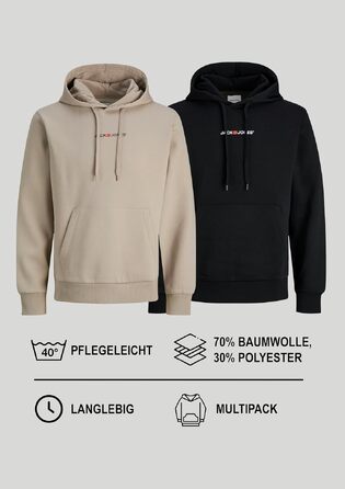 Набір чоловічих худі JACK & JONES (2 шт) — бавовняний світшот із капюшоном та довгим рукавом, повсякденний одяг у стилі streetwear (Бежевий, Чорний), розмір M