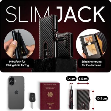 Розумний гаманець SLIMJACK з монетницею та RFID-захистом, чоловічий тримач для карток з алюмінію та шкіри (Modern, Carbon Redline)