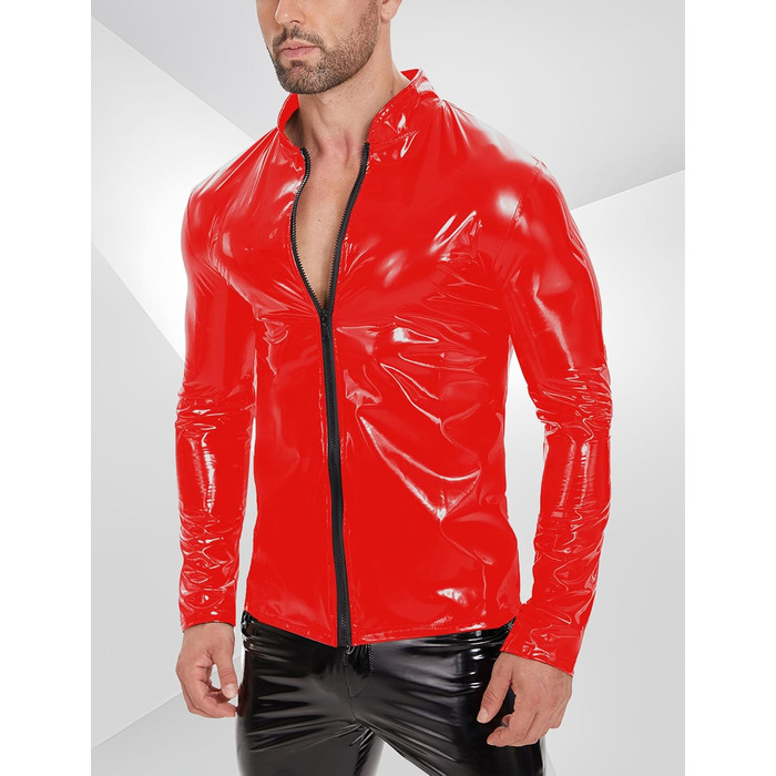 Латексна куртка для чоловіків Ausing з штучної шкіри, сексуальний ефект мокрого вигляду, облягаючий крій, з блискавкою, для танців, вечірок, карнавалу (червоний, XS)