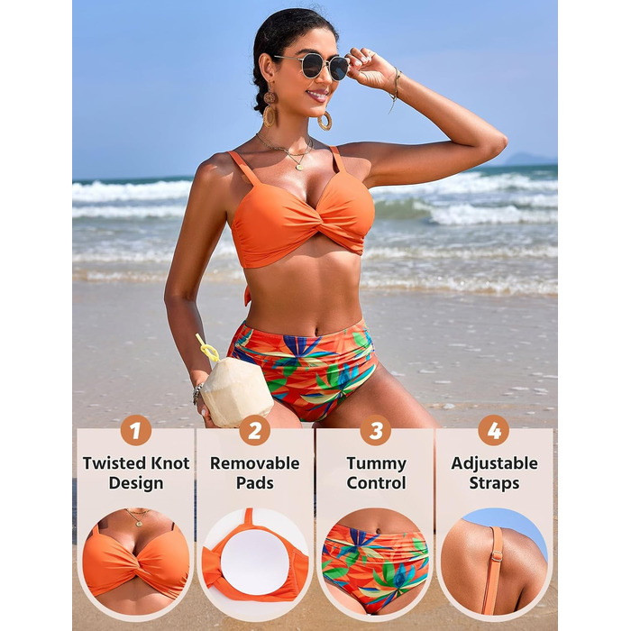 БІКІНІ ЖІНОЧИЙ СЕКСИ: комплект з високою талією, push-up, з V-подібним вирізом, двокомпонентний, для плавання та відпочинку (Оранжевий принт, розмір S)