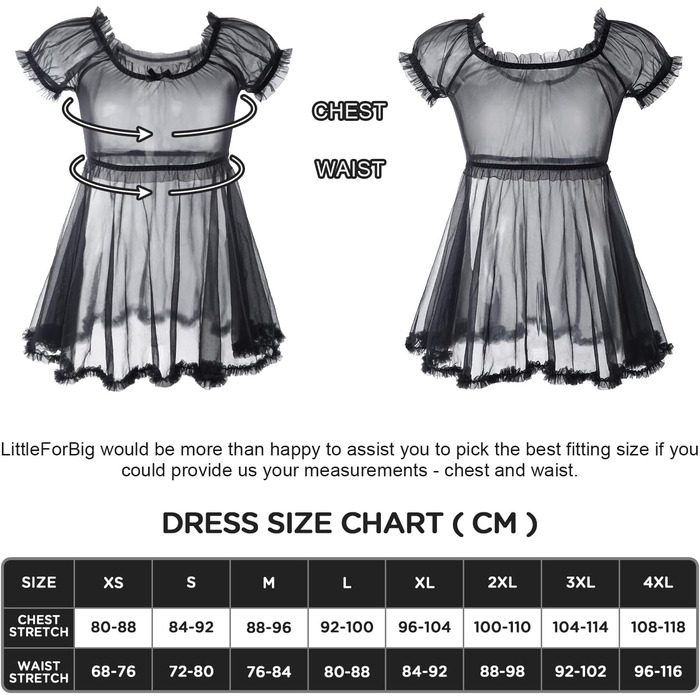 Прозора мереживна сукня-боді LittleForBig для дорослих та трансгендерів (Чорний, XXL)