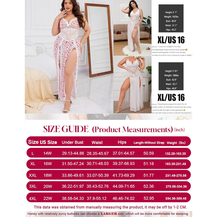 Babydoll для жінок Alrovetoney: мереживна піжама-сорочка з розрізами, біле серце, XL